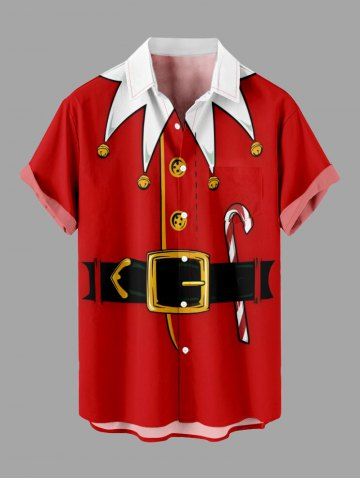 Plus Size Christmas Santa Claus Costume Candy Print Button Pocket Shirt For Men - RED - 5XL