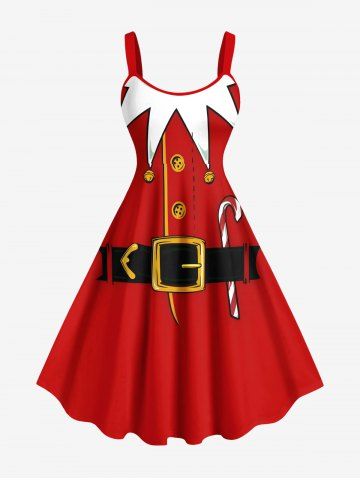 Plus Size Christmas Santa Claus Costume Candy Print A Line Dress - RED - XXS