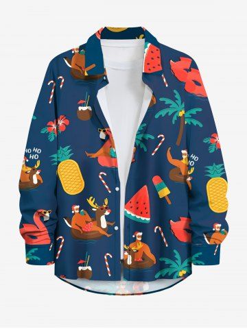 Plus Size Christmas Elk Santa Claus Watermelon Pineapple Coconut Tree Print Hawaii Button Shirt For Men - DEEP BLUE - 7XL