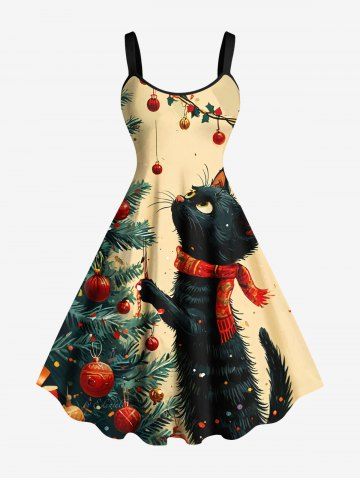 Plus Size Christmas Tree Ball Cat Print A Line Dress - BEIGE - 2X