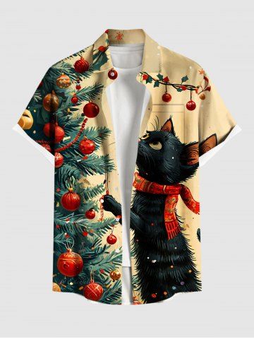 Plus Size Christmas Tree Ball Cat Print Button Pocket Shirt For Men - APRICOT - 5XL