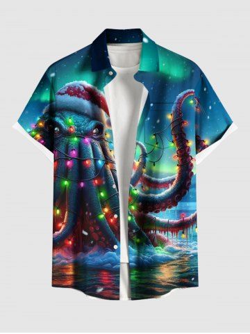 Plus Size Christmas Hat Light Octopus Ombre Galaxy Print Button Pocket Shirt For Men - GREEN - 2XL