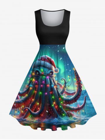 Plus Size Christmas Hat Light Octopus Ombre Galaxy Print Vintage Swing A Line Dress - BLACK - L