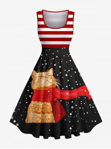 Plus Size Christmas Snowflake Cat Scarf Striped Print Vintage Swing A Line Dress - BLACK - 2X