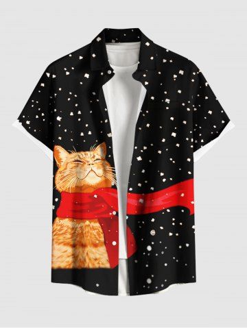 Plus Size Christmas Snowflake Cat Scarf Print Button Pocket Shirt For Men - BLACK - M