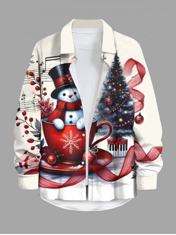 Plus Size Christmas Tree Snowflake Snowman Cup Ribbon Music Symbol Print Button Shirt For Men - WHITE - 7XL