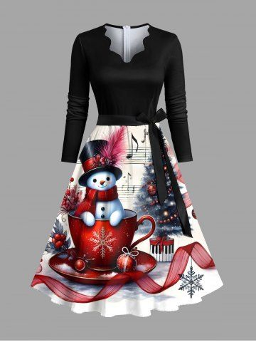 Plus Size Christmas Tree Snowflake Snowman Cup Ribbon Music Symbol Print Scalloped Neck A Line Dress with Removable Belt - BLACK - 6XL