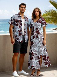 Tenue de plage hawaïenne assortie grande taille à imprimé cocotier et fleurs d'hibiscus pour couples - Bleu Poudre 