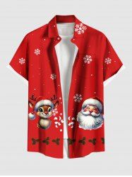 Chemise de Noël grande taille à imprimé Père Noël, élan, flocon de neige, houx, fruits, boutons et poche pour homme - Rouge S