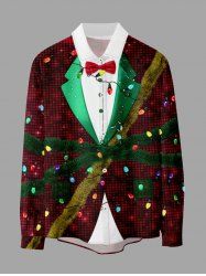 Plus Size Christmas Light Plaid Ribbons Bowknot Lapel Collar 3D Print Buttons Pocket Shirt For Men -  