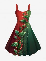 Plus Size Christmas Holly Fruit Leaf Colorblock Glitter 3D Print Tank Dress -  