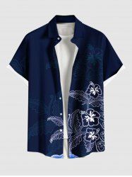 Chemise hawaïenne grande taille à imprimé feuilles d'hibiscus et boutons avec poche pour homme - Bleu Marine L