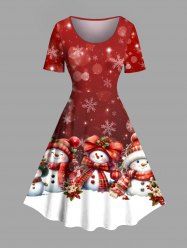 Robe vintage grande taille à imprimé colorblock, bonhomme de neige et flocon de neige - Rouge 5X