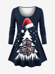 T-shirt manches longues imprimé sapin de Noël, chapeau et étoiles, grande taille - Bleu Marine 3X