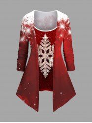 T-shirt 2 en 1 imprimé flocon de neige et paillettes 3D de Noël grande taille - Rouge L