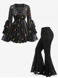 Cherry Embroidery Lace-up Drawstring Flare Sleeves Top and Lace Patchwork Flare Pants Plus Size Outfit -  