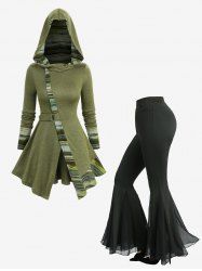 Stripes Print Asymmetrical Hooded Top and Sheer Mesh Patchwork Ruffles Flare Pants Plus Size Outfit -  