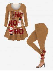 Christmas Elk Snowflake Snowman Santa Claus Letters Print Long Sleeves Women T-shirt and Leggings Plus Size Matching Set -  