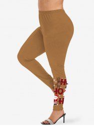 Leggings de Noël grande taille imprimés lettres, élan, flocon de neige, bonhomme de neige, Père Noël - Brun Légère XS
