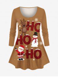 T-shirt manches longues femme grande taille imprimé Noël, élan, flocon de neige, bonhomme de neige, Père Noël - Brun Légère 4X