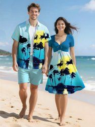 Christmas Elk Santa Claus Coconut Tree Moon Sea Print Plus Size Matching Hawaii Beach Outfit For Couples -  