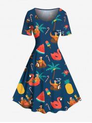 Robe hawaïenne grande taille à imprimé Noël avec élans, Père Noël, pastèque, ananas et cocotiers - Vert profond L