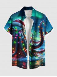 Plus Size Christmas Hat Light Octopus Ombre Galaxy Print Button Pocket Shirt For Men -  