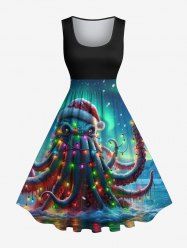 Robe trapèze vintage grande taille avec chapeau de Noël lumineux, pieuvre et imprimé galaxie ombré - Noir 5X