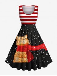 Plus Size Christmas Snowflake Cat Scarf Striped Print Vintage Swing A Line Dress -  