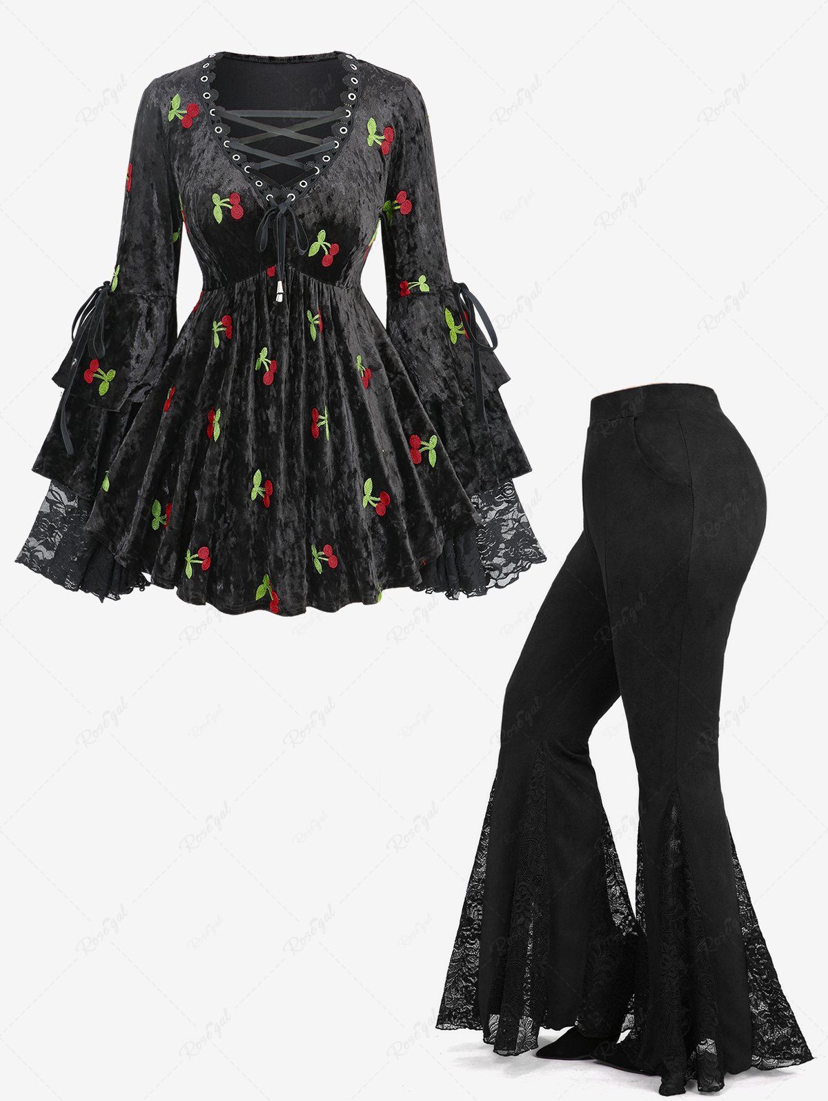 Fancy Cherry Embroidery Lace-up Drawstring Flare Sleeves Top and Lace Patchwork Flare Pants Plus Size Outfit  