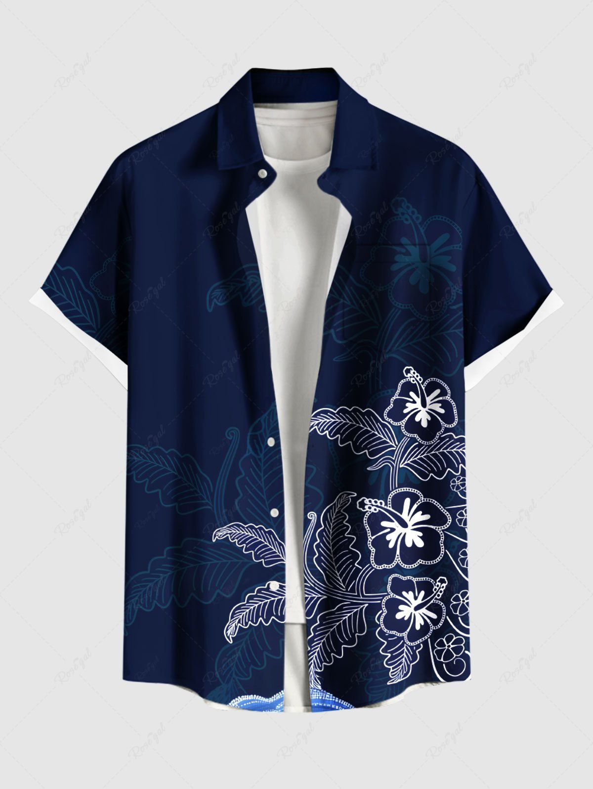 Chemise hawaïenne grande taille à imprimé feuilles d'hibiscus et boutons avec poche pour homme Bleu Marine XL