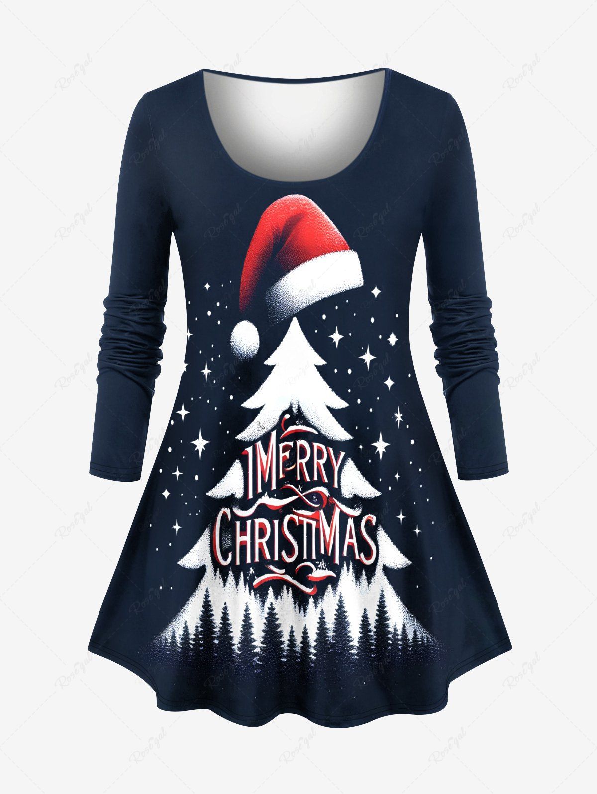 T-shirt manches longues imprimé sapin de Noël, chapeau et étoiles, grande taille Bleu Marine XS