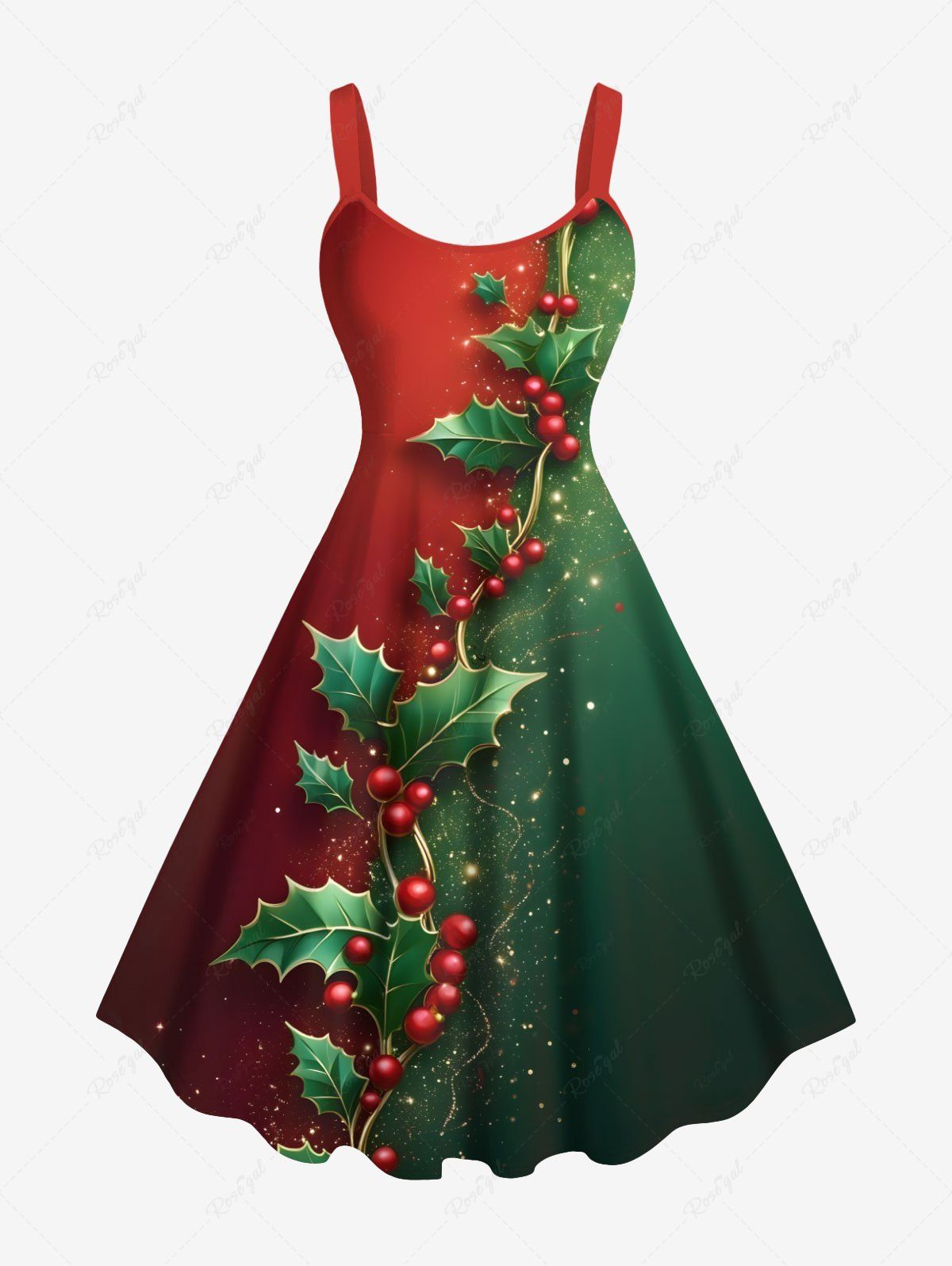 Robe débardeur grande taille à imprimé 3D pailleté et feuilles de houx de Noël Rouge 2X