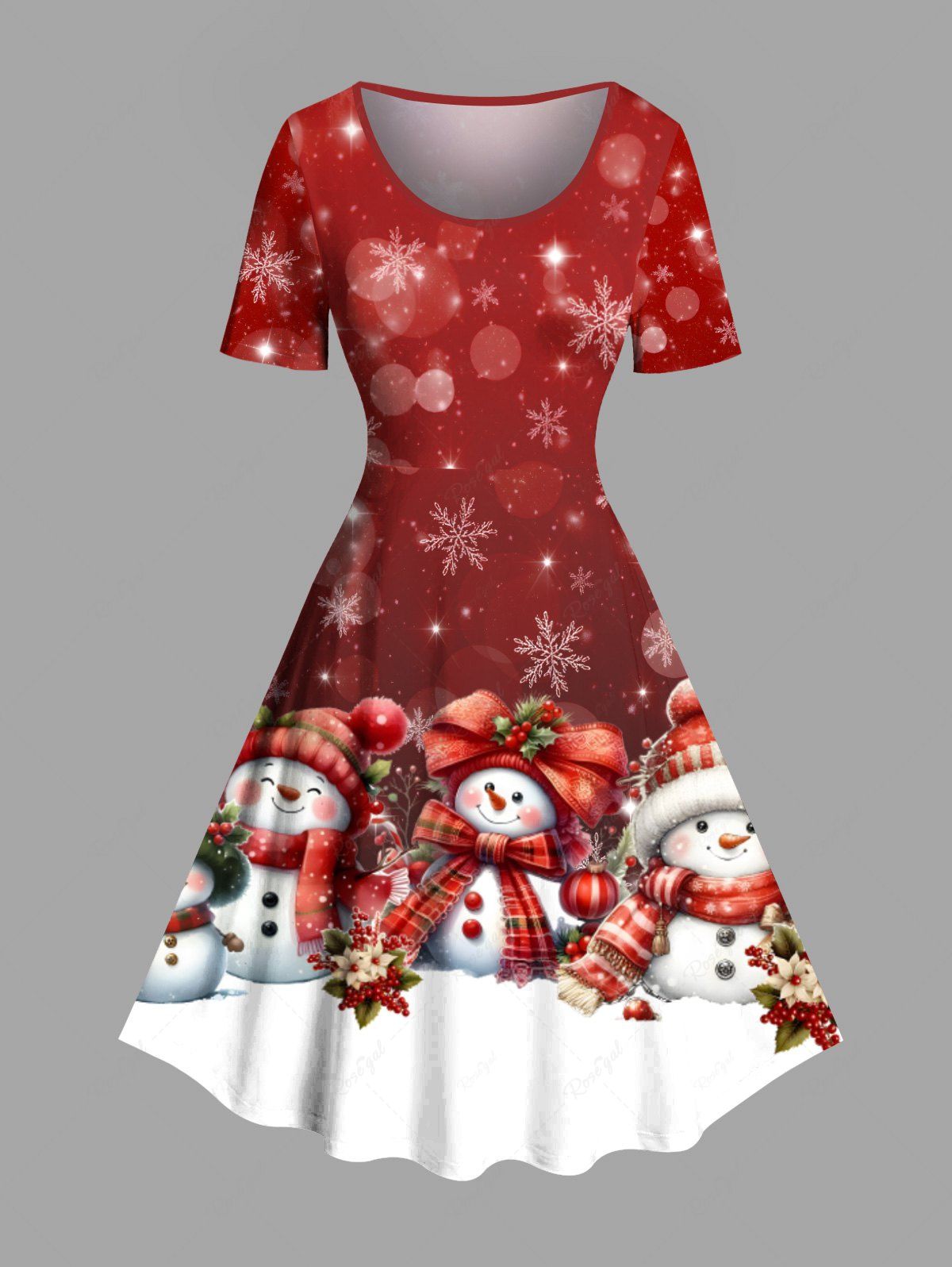 Cheap Plus Size Christmas Snowman Snowflake Colorblock Print Vintage Dress  