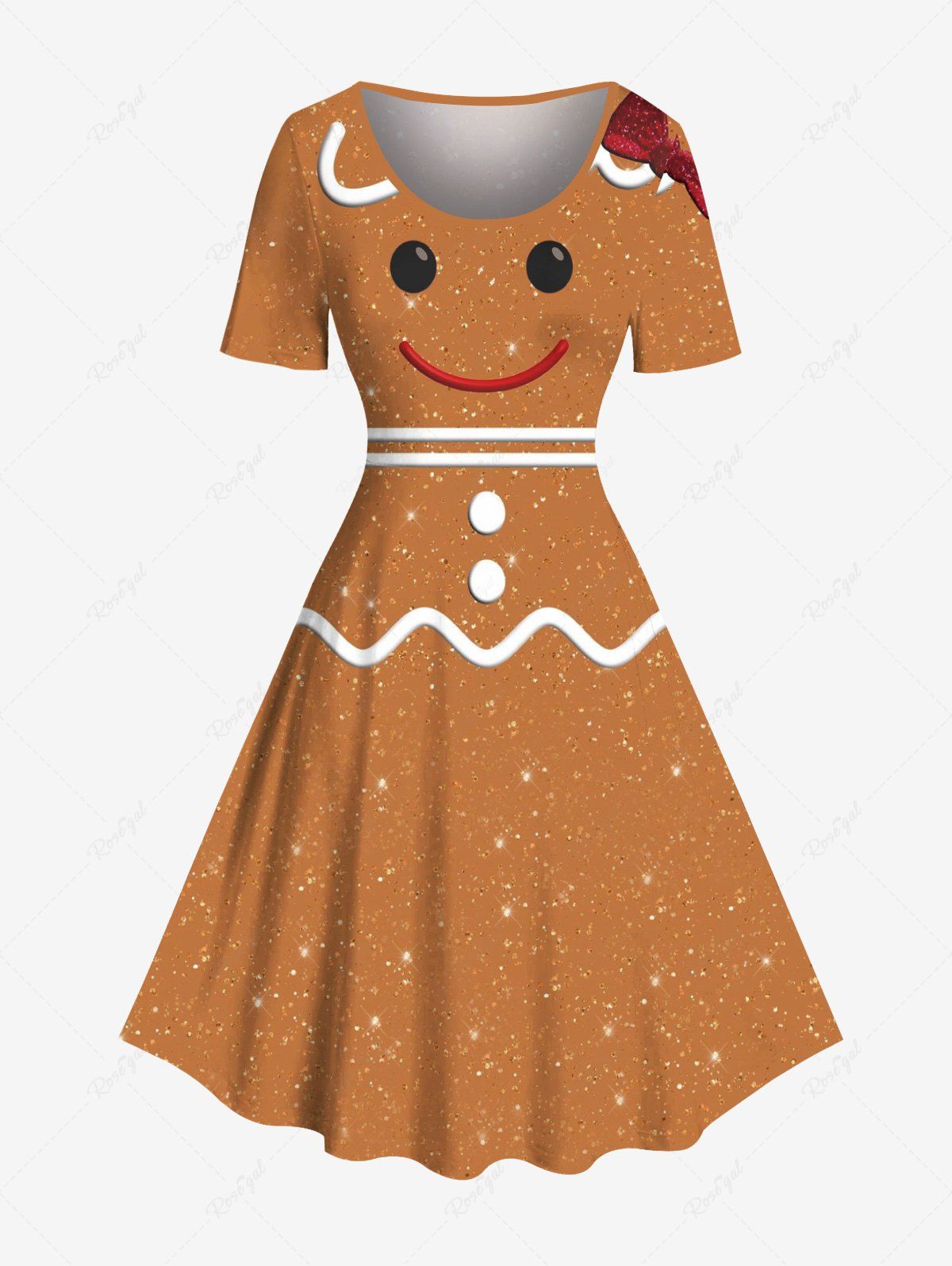 Cheap Plus Size Christmas Gingerbread Print A Line Dress  