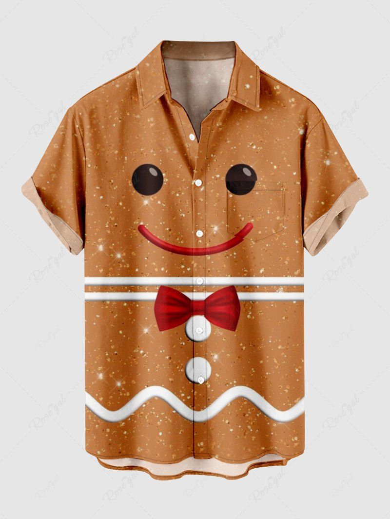 Chemise boutonnée à imprimé pain d'épices de Noël grande taille pour homme Brun Légère S