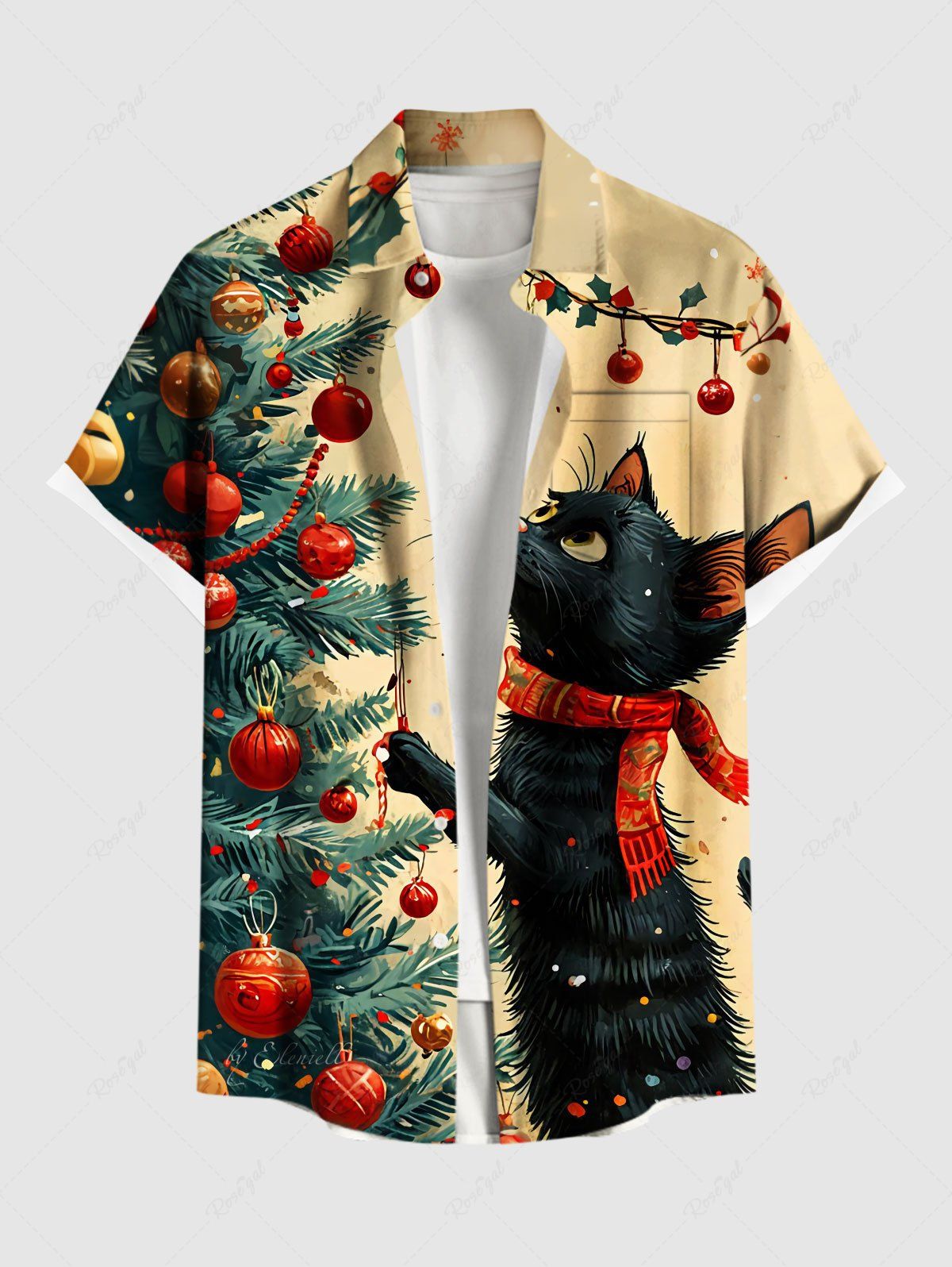 Chemise à poches boutonnées grande taille pour homme, imprimée sapin de Noël et chat. Abricot S