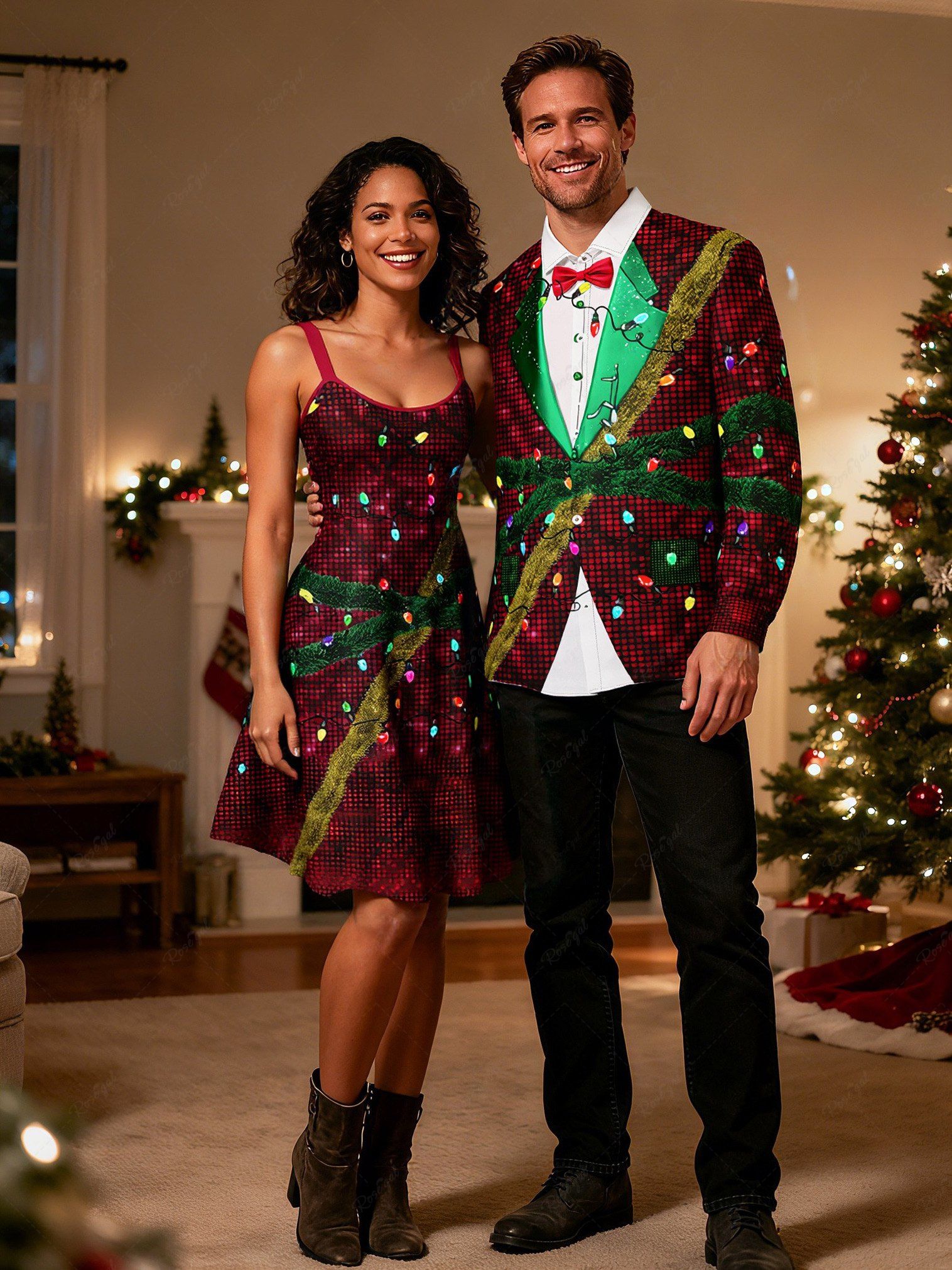 Chic Christmas Light Plaid Ribbons Bowknot 3D Print Plus Size Matching Outfit For Couples  