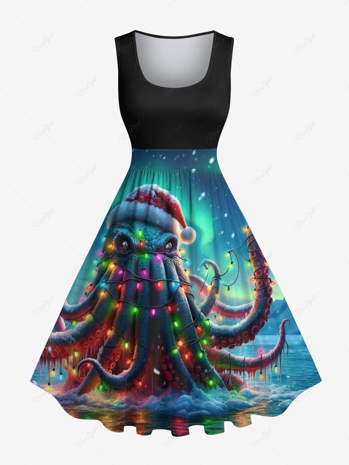 Shop Plus Size Christmas Hat Light Octopus Ombre Galaxy Print Vintage Swing A Line Dress  