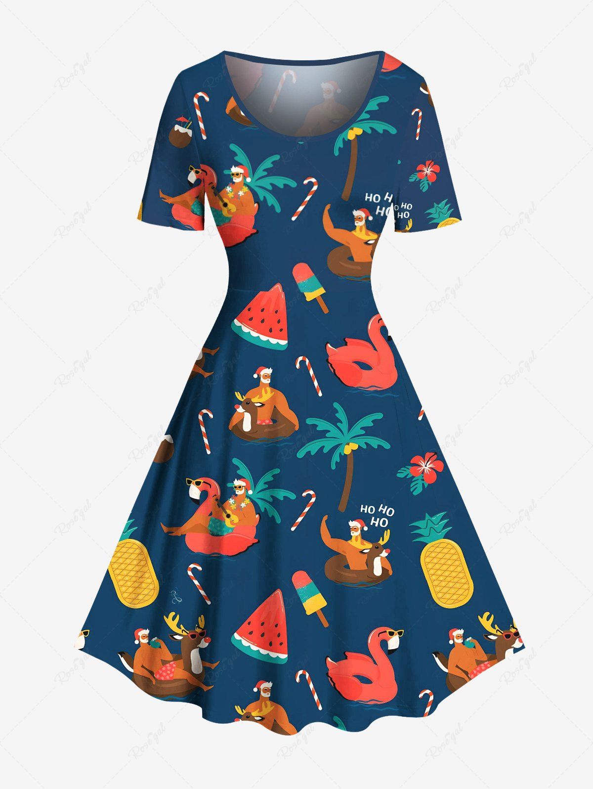 Shops Plus Size Christmas Elk Santa Claus Watermelon Pineapple Coconut Tree Print Hawaii A Line Dress  