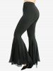 Stripes Print Asymmetrical Hooded Top and Sheer Mesh Patchwork Ruffles Flare Pants Plus Size Outfit -  