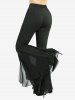 Stripes Print Asymmetrical Hooded Top and Sheer Mesh Patchwork Ruffles Flare Pants Plus Size Outfit -  