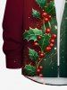 Chemise de Noël grande taille à imprimé 3D avec boutons et poches pour homme, motif feuilles de houx et de fruits, blocs de couleurs et paillettes - Vert 2XL