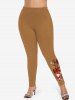 Leggings de Noël grande taille imprimés lettres, élan, flocon de neige, bonhomme de neige, Père Noël - Brun Légère 4X