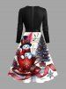 Robe trapèze grande taille à imprimé sapin de Noël, flocons de neige et bonhomme de neige, avec ruban et symboles musicaux. Encolure festonnée et ceinture amovible. - Noir 3XL