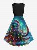 Robe trapèze vintage grande taille avec chapeau de Noël lumineux, pieuvre et imprimé galaxie ombré - Noir 4X