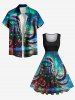 Robe trapèze vintage grande taille avec chapeau de Noël lumineux, pieuvre et imprimé galaxie ombré - Noir 5X