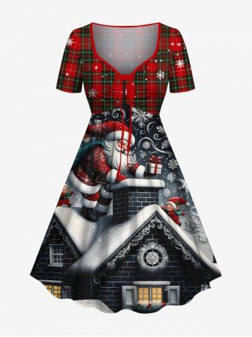 Plus Size Christmas Santa Claus Snowflake Plaid Print Cinched Dress - RED - 2X