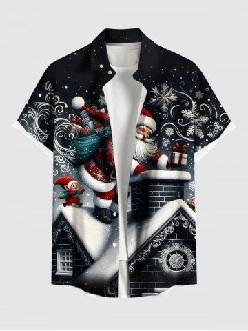 Plus Size Christmas Santa Claus Snowflake Print Buttons Pocket Shirt For Men - BLACK - 6XL