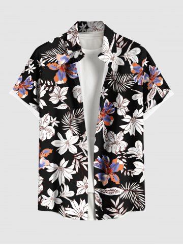Plus Size Flowers Leaf Tropical Print Buttons Pocket Hawaii Shirt For Men - BLACK - 2XL